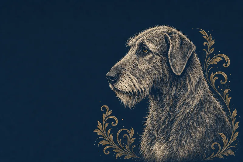 Engraved-style illustration of an Irish Wolfhound on a navy ground