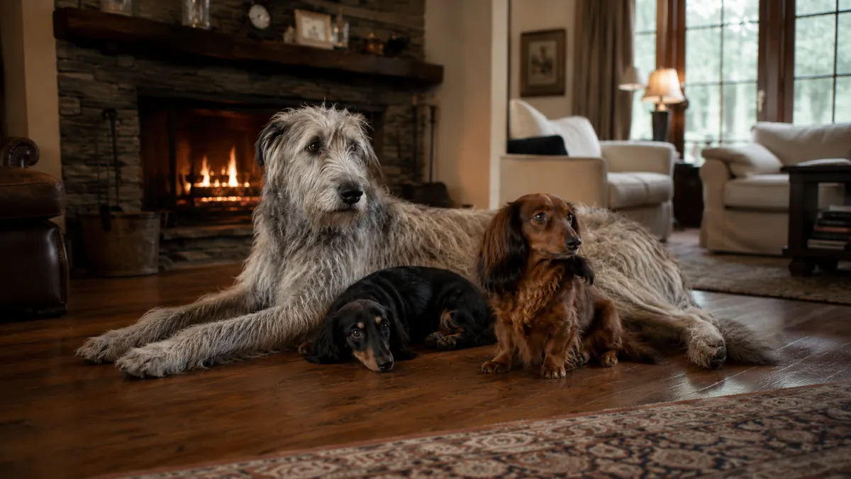 An Irish Wolfhound and two Miniature Long-haired Dachshunds resting together by the fire