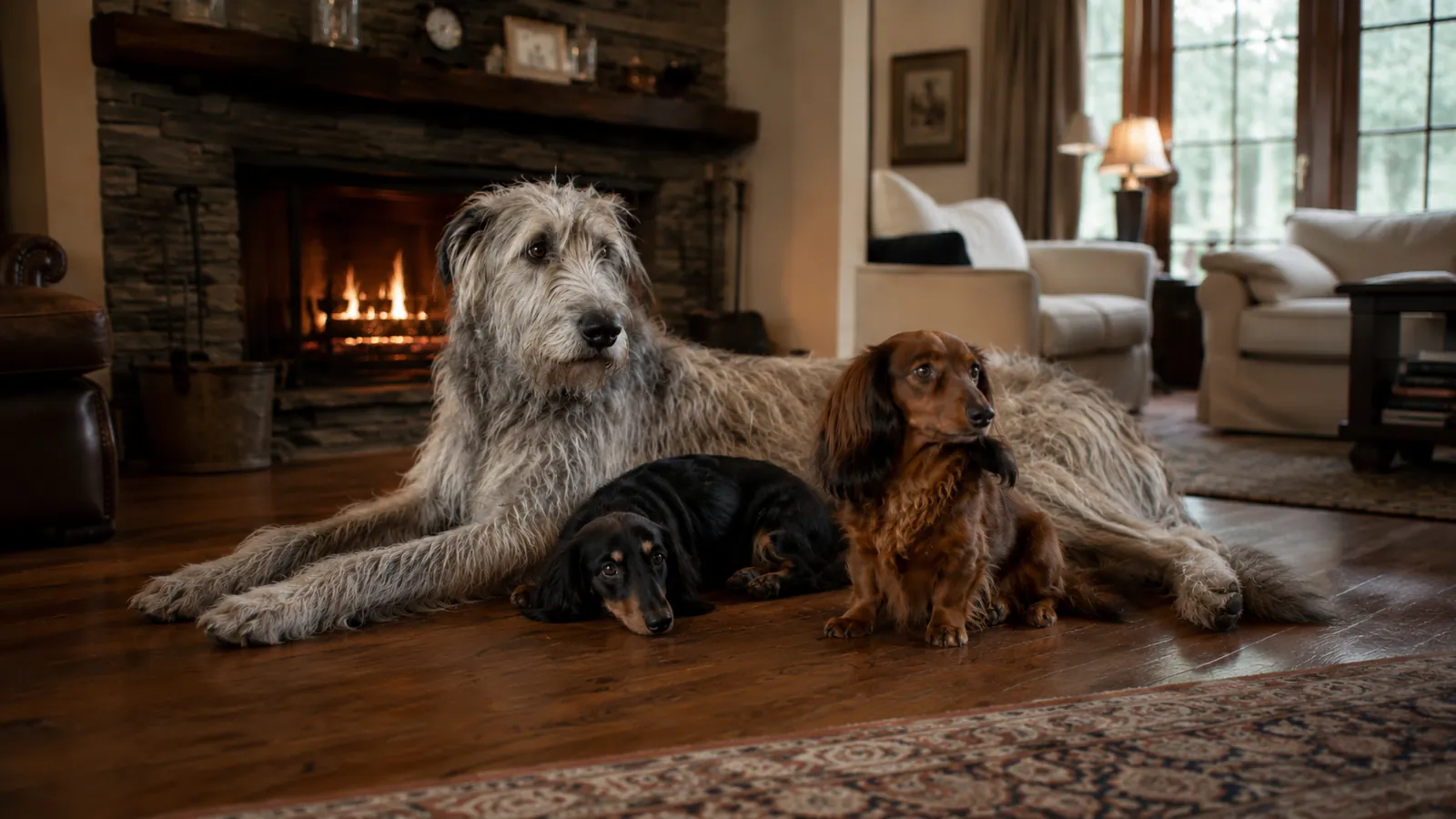 An Irish Wolfhound stretched out by a stone fireplace with two Miniature Long-haired Dachshunds nestled beside it