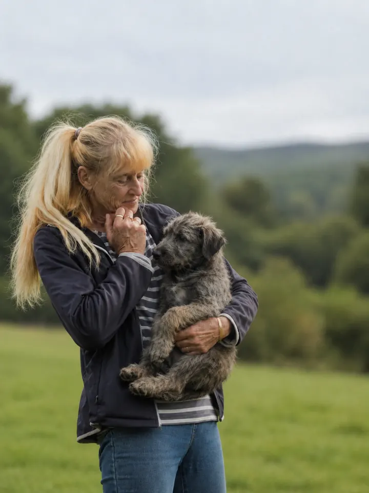 Kim Praschma holding a young Irish Wolfhound puppy in the garden