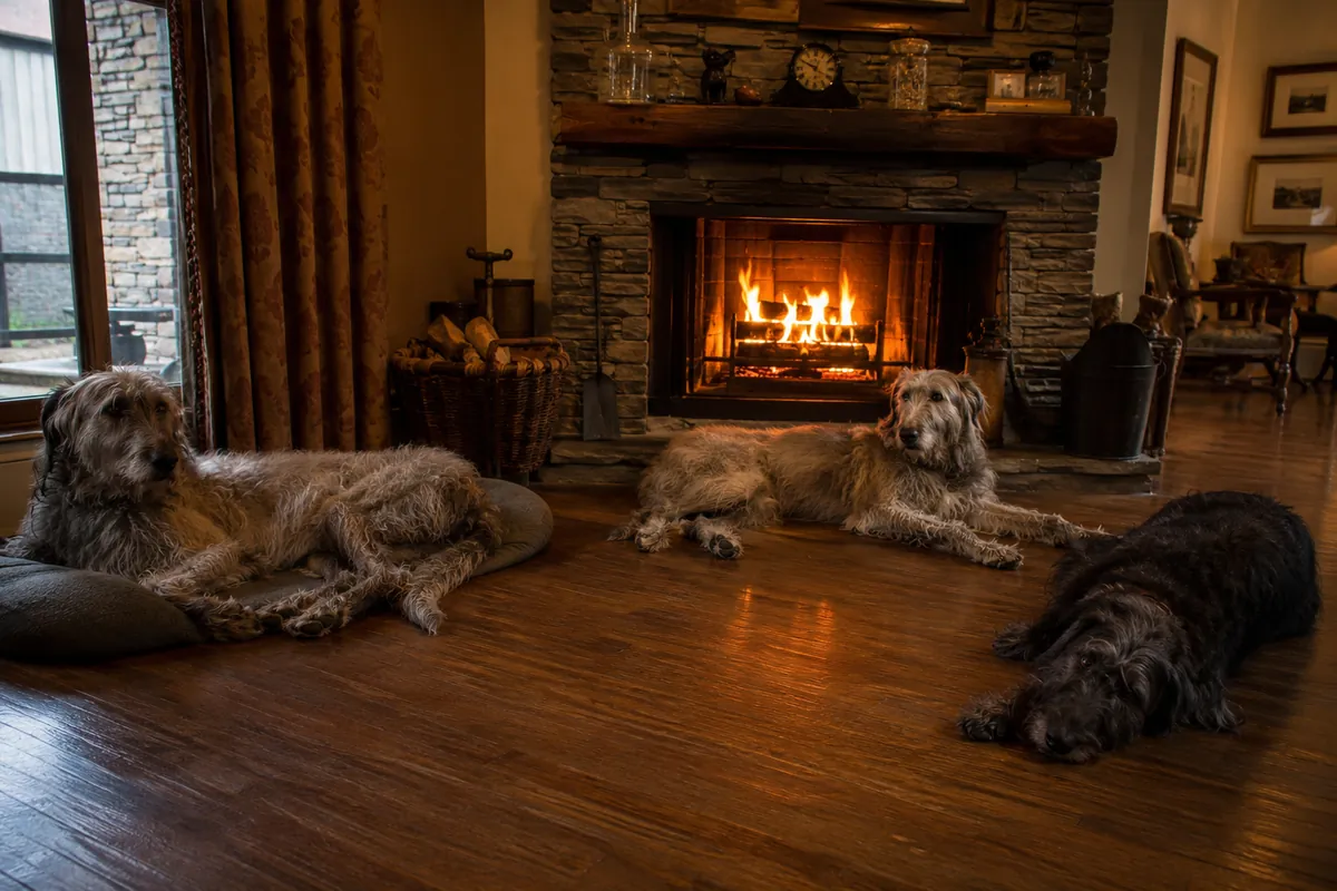 Three Irish Wolfhounds resting together on the wooden floor of a farmhouse living room